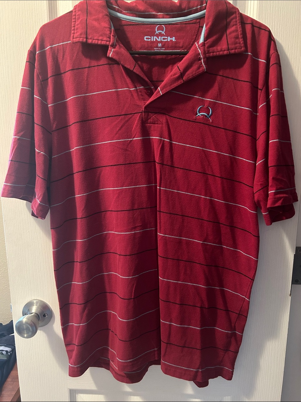 Cinch Men's Red Polo with Thin White Stripes